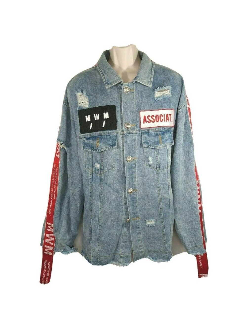 Mod Wave Movement Denim Jean Jacket Button Up Men Size XL Ripped Destroyed